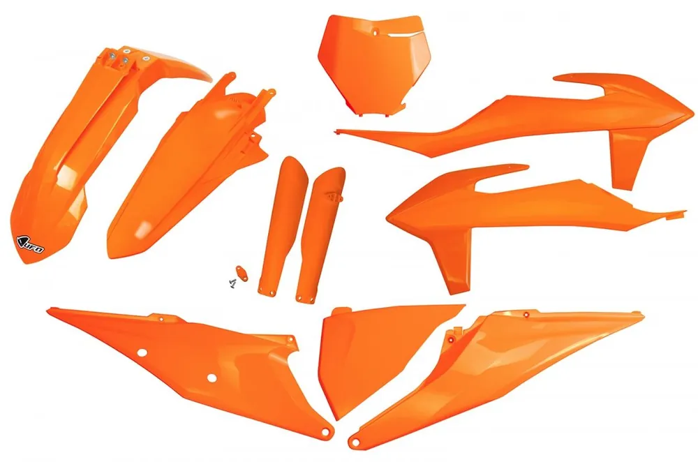 Cenově Výhodný UFO FULL KIT KRYTY TELESKOPŮ KTM SX 125/150/250 '19-'22, SXF (SX-F) 250/350/450 '19-'22 ORANŽOVÁ (KT522E127)